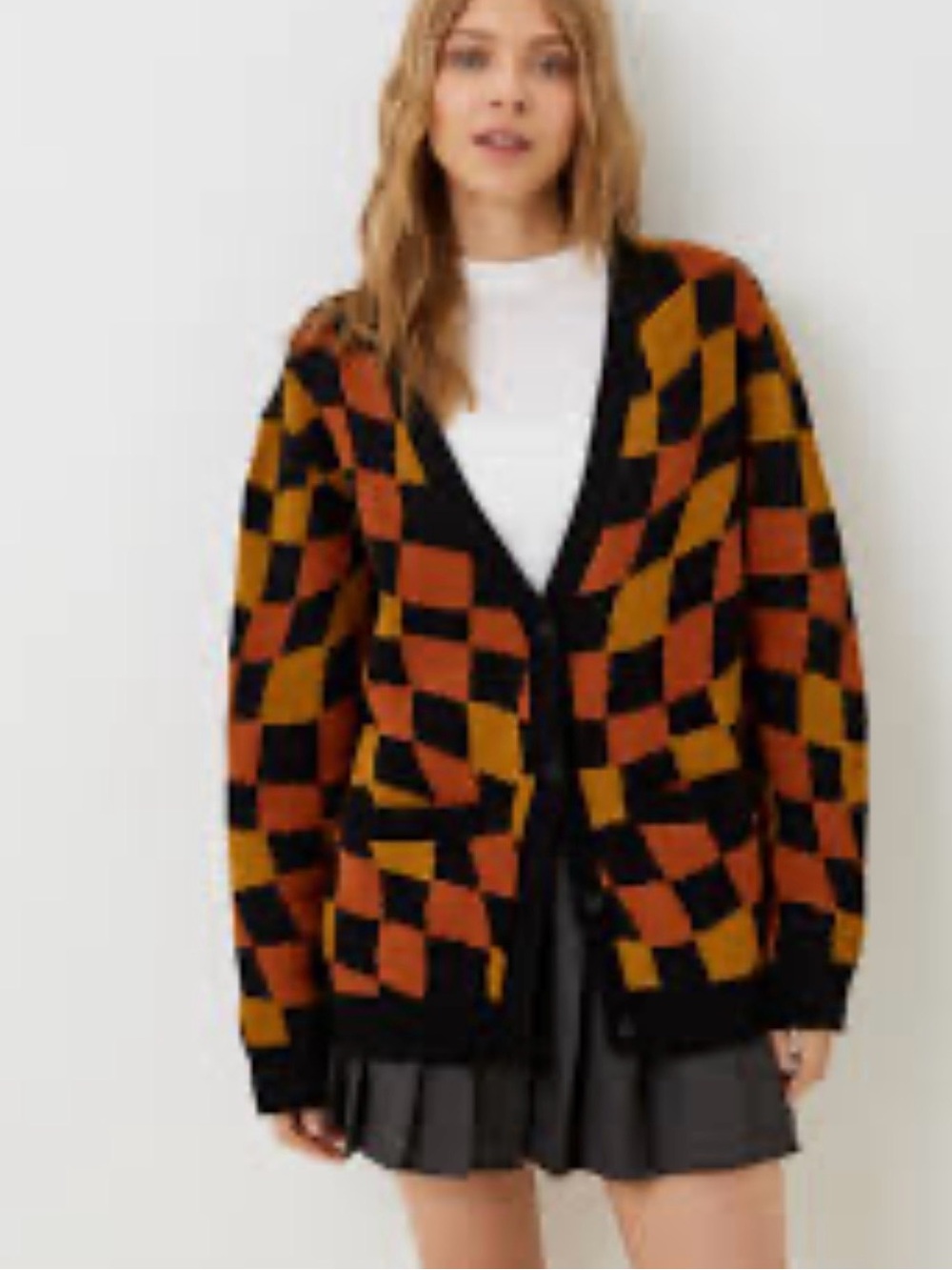 Women's Checkerboard Open Cardigan Sweater - Rust & Mustard